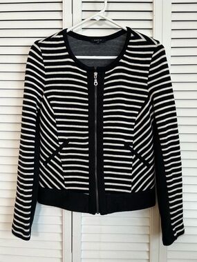 DREW Striped Cardigan Sweater Jacket Zip Front Black Ivory Women's Size Small